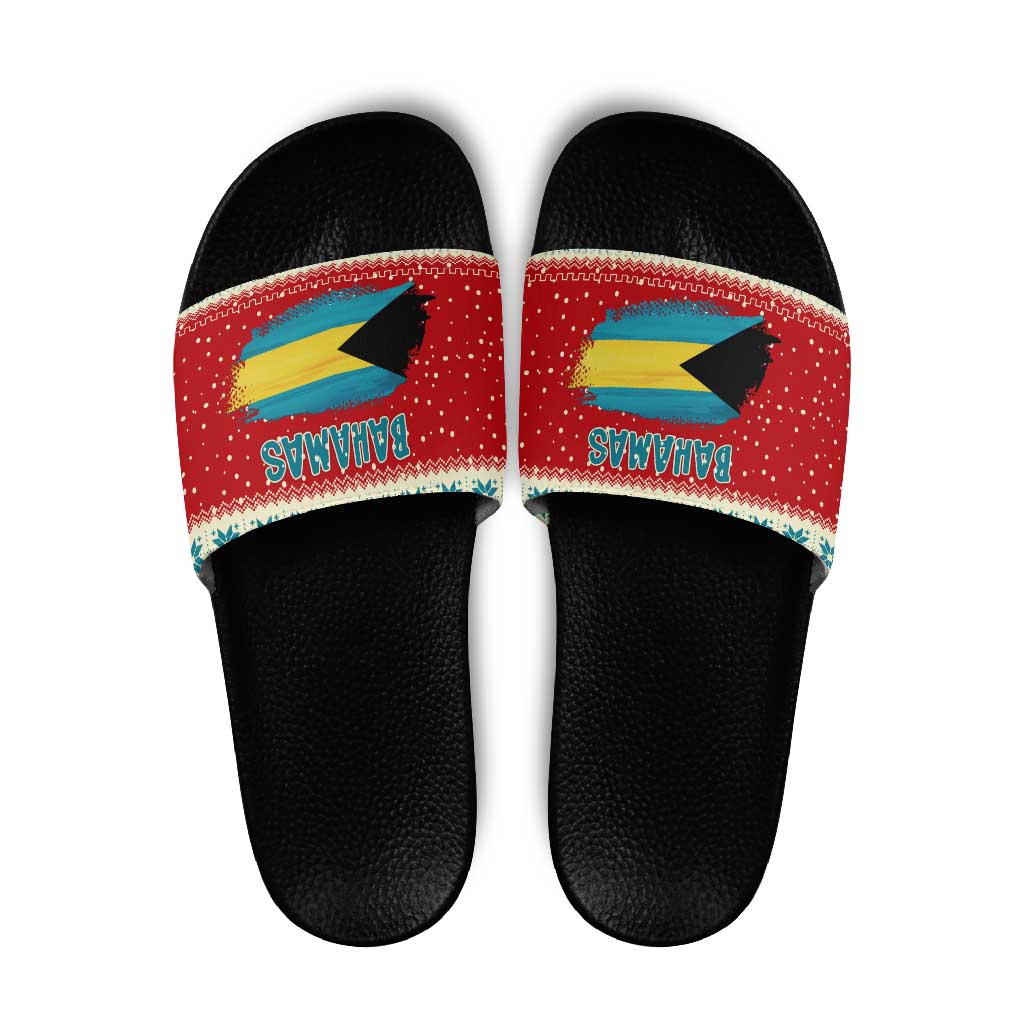 Bahamas Christmas Slide Sandals with Red Festive Pattern Sailing Santa and National Flag Motif - Wonder Print Shop