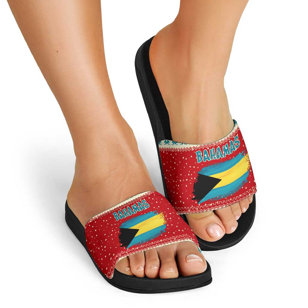 Bahamas Christmas Slide Sandals with Red Festive Pattern Sailing Santa and National Flag Motif - Wonder Print Shop