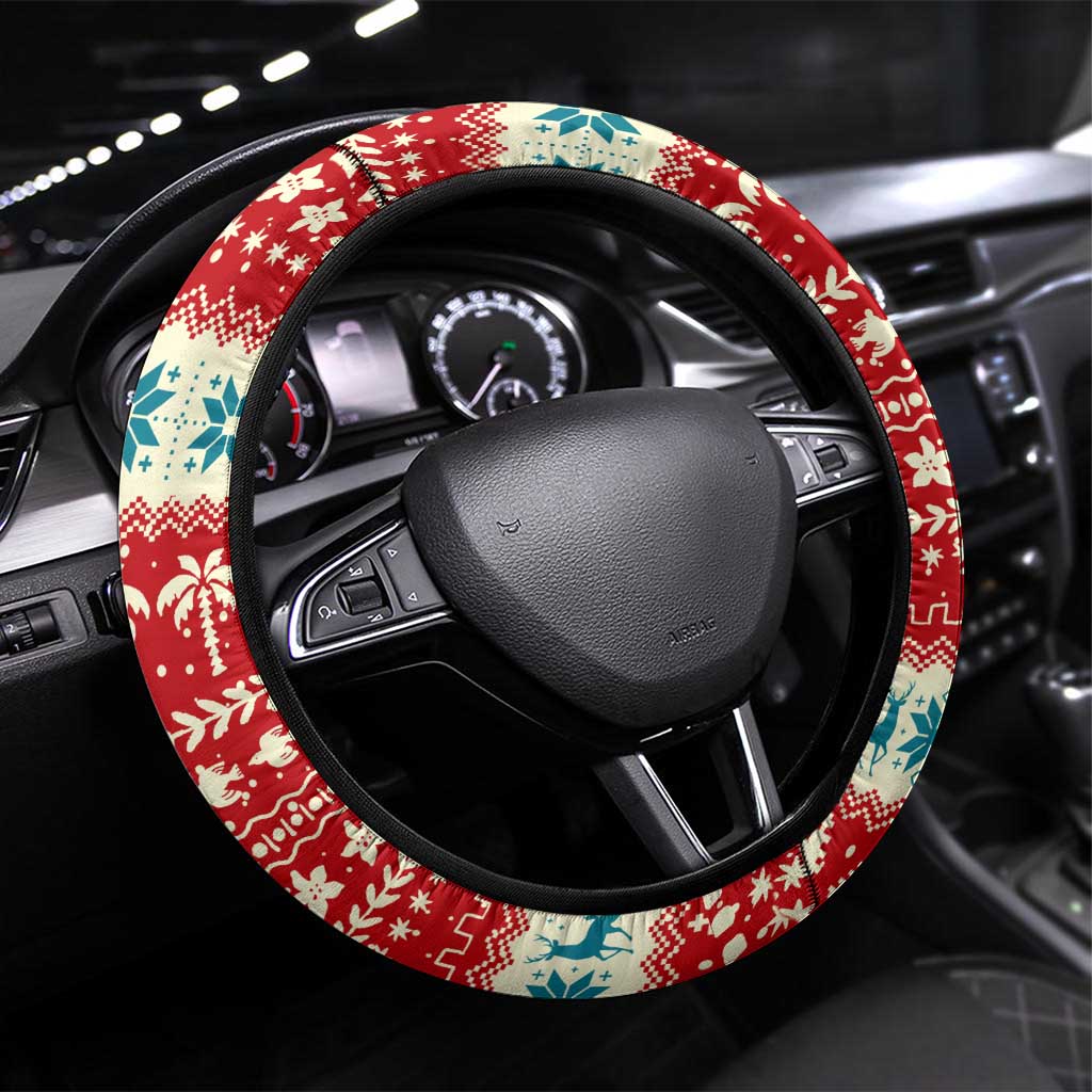Bahamas Christmas Steering Wheel Cover with Red Festive Pattern Sailing Santa and National Flag Motif - Wonder Print Shop