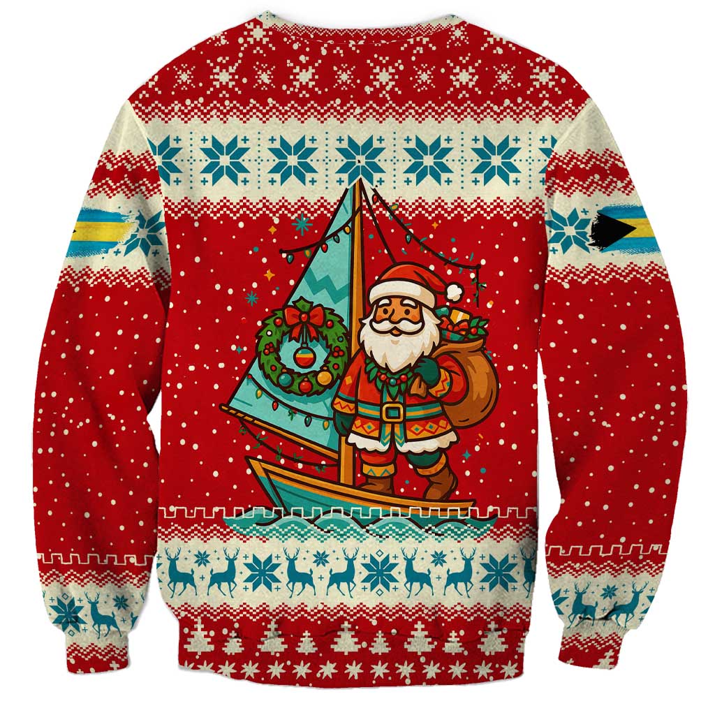 Bahamas Christmas Sweatshirt with Red Festive Pattern Sailing Santa and National Flag Motif - Wonder Print Shop