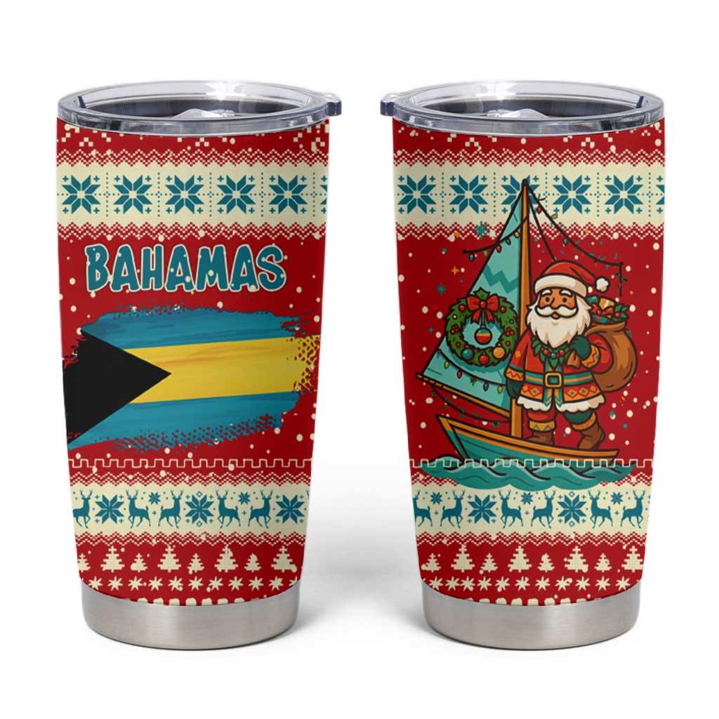 Bahamas Christmas Tumbler Cup with Red Festive Pattern Sailing Santa and National Flag Motif - Wonder Print Shop