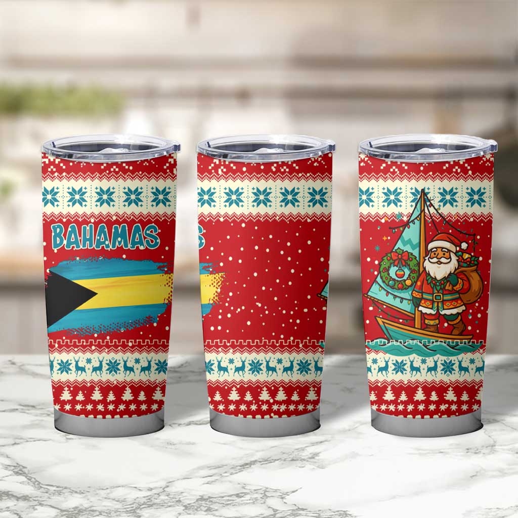 Bahamas Christmas Tumbler Cup with Red Festive Pattern Sailing Santa and National Flag Motif - Wonder Print Shop
