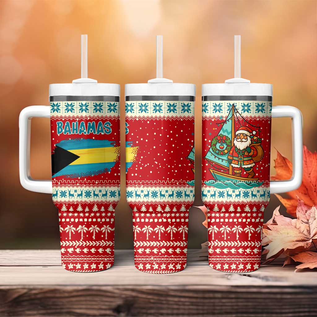 Bahamas Christmas Tumbler With Handle with Red Festive Pattern Sailing Santa and National Flag Motif - Wonder Print Shop
