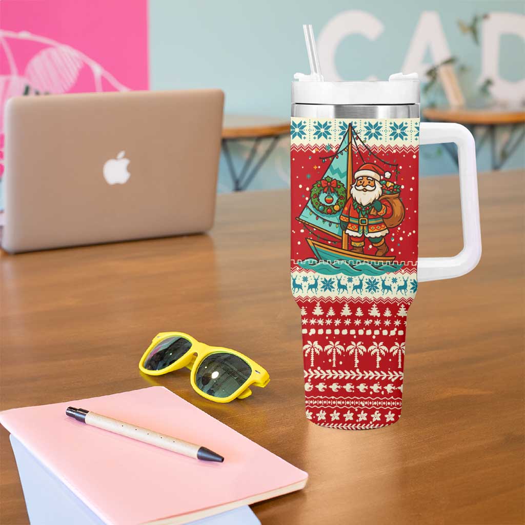 Bahamas Christmas Tumbler With Handle with Red Festive Pattern Sailing Santa and National Flag Motif - Wonder Print Shop