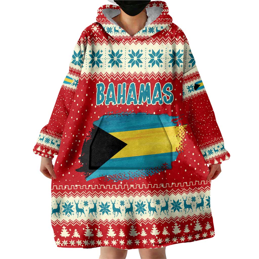 Bahamas Christmas Wearable Blanket Hoodie with Red Festive Pattern Sailing Santa and National Flag Motif - Wonder Print Shop