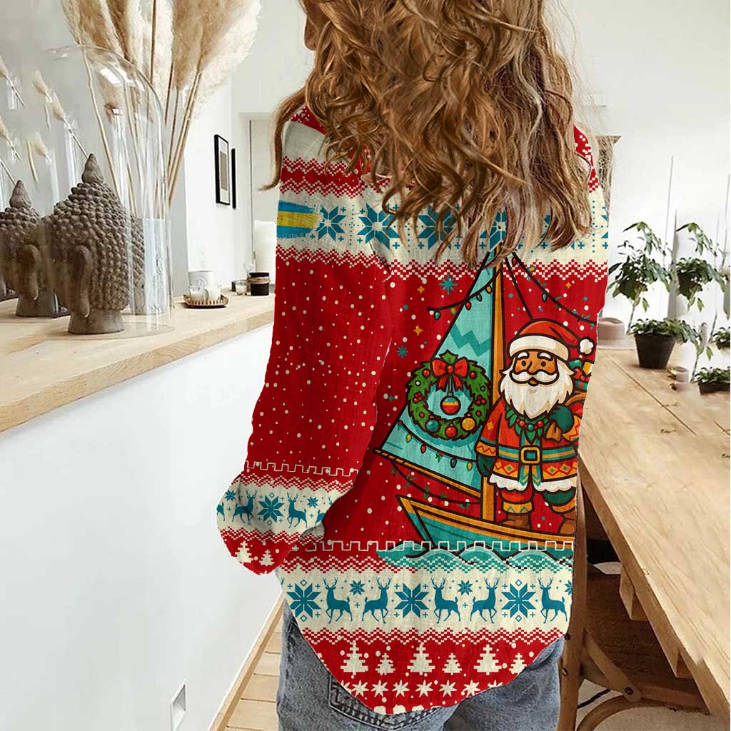 Bahamas Christmas Women Casual Shirt with Red Festive Pattern Sailing Santa and National Flag Motif - Wonder Print Shop