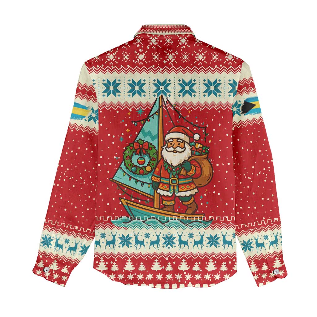 Bahamas Christmas Women Casual Shirt with Red Festive Pattern Sailing Santa and National Flag Motif - Wonder Print Shop