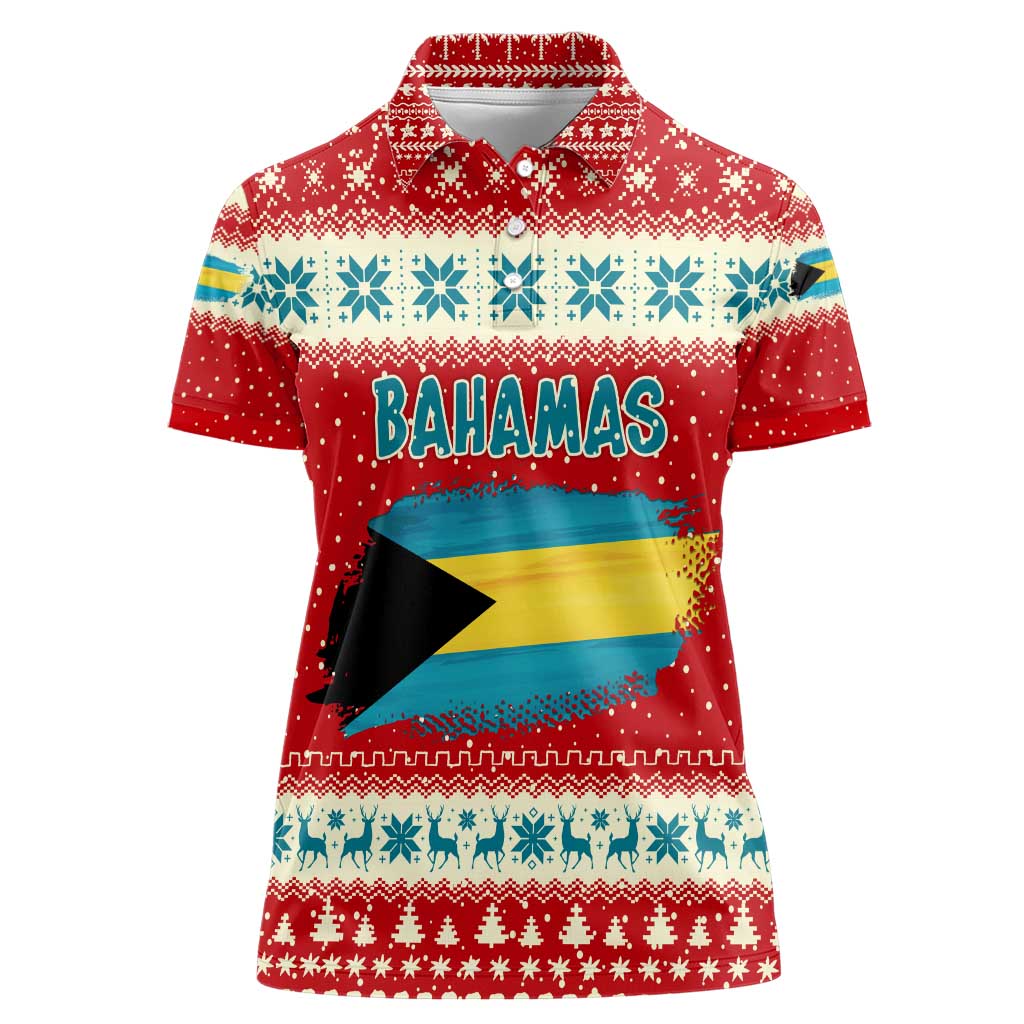 Bahamas Christmas Women Polo Shirt with Red Festive Pattern Sailing Santa and National Flag Motif - Wonder Print Shop