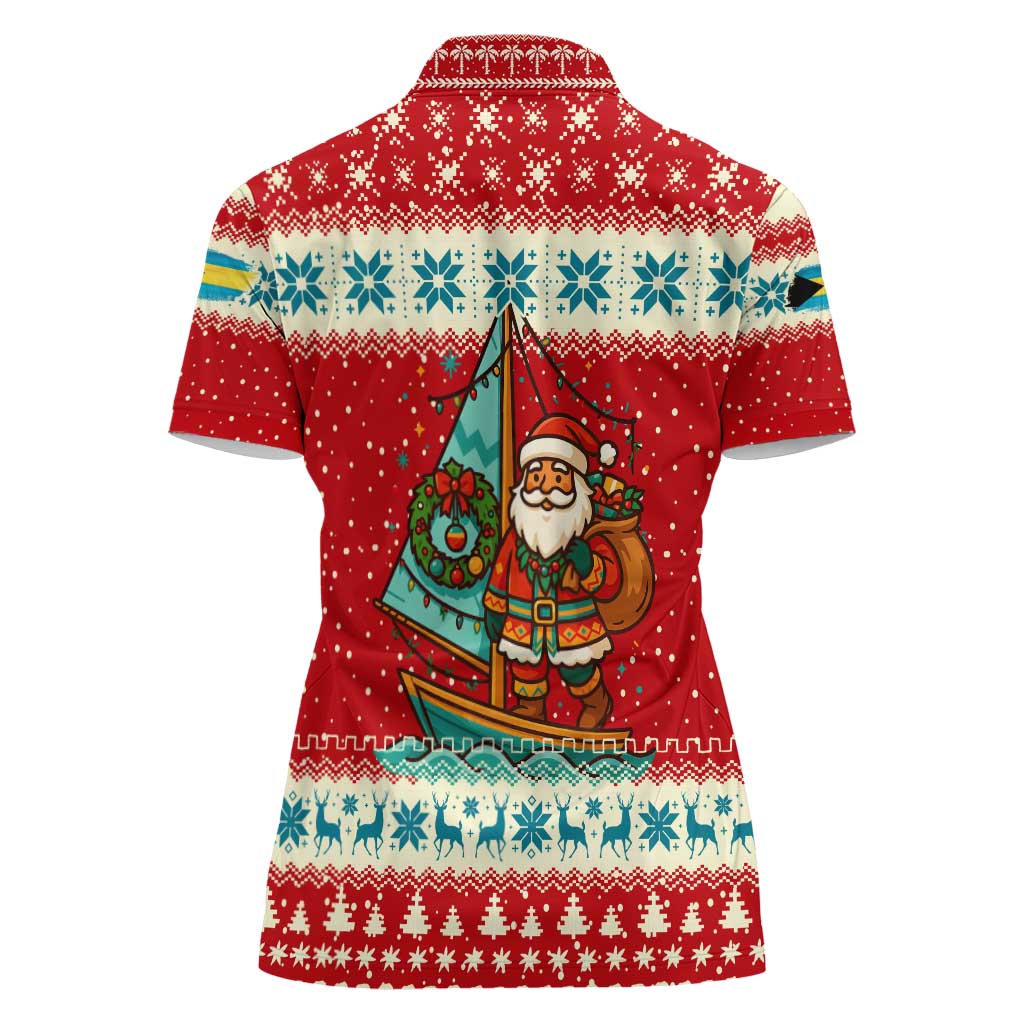 Bahamas Christmas Women Polo Shirt with Red Festive Pattern Sailing Santa and National Flag Motif - Wonder Print Shop