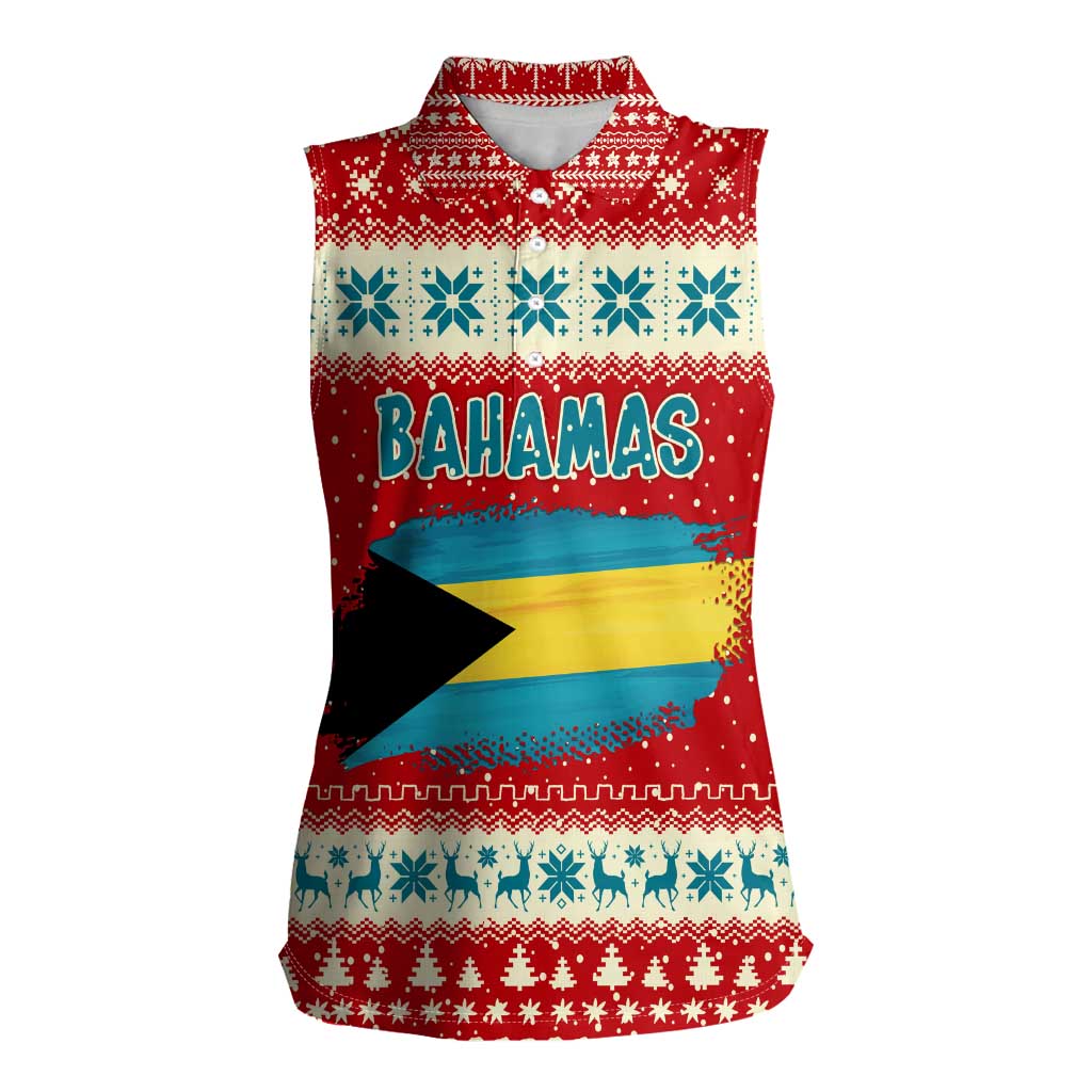 Bahamas Christmas Women Sleeveless Polo Shirt with Red Festive Pattern Sailing Santa and National Flag Motif - Wonder Print Shop