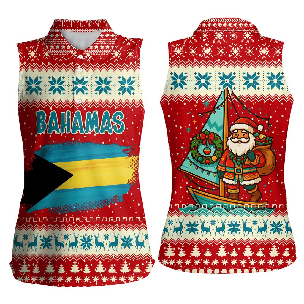 Bahamas Christmas Women Sleeveless Polo Shirt with Red Festive Pattern Sailing Santa and National Flag Motif - Wonder Print Shop