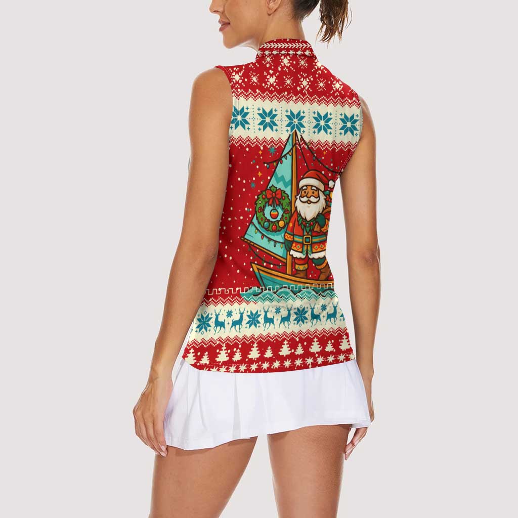 Bahamas Christmas Women Sleeveless Polo Shirt with Red Festive Pattern Sailing Santa and National Flag Motif - Wonder Print Shop