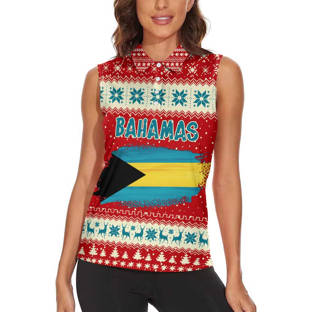 Bahamas Christmas Women Sleeveless Polo Shirt with Red Festive Pattern Sailing Santa and National Flag Motif - Wonder Print Shop