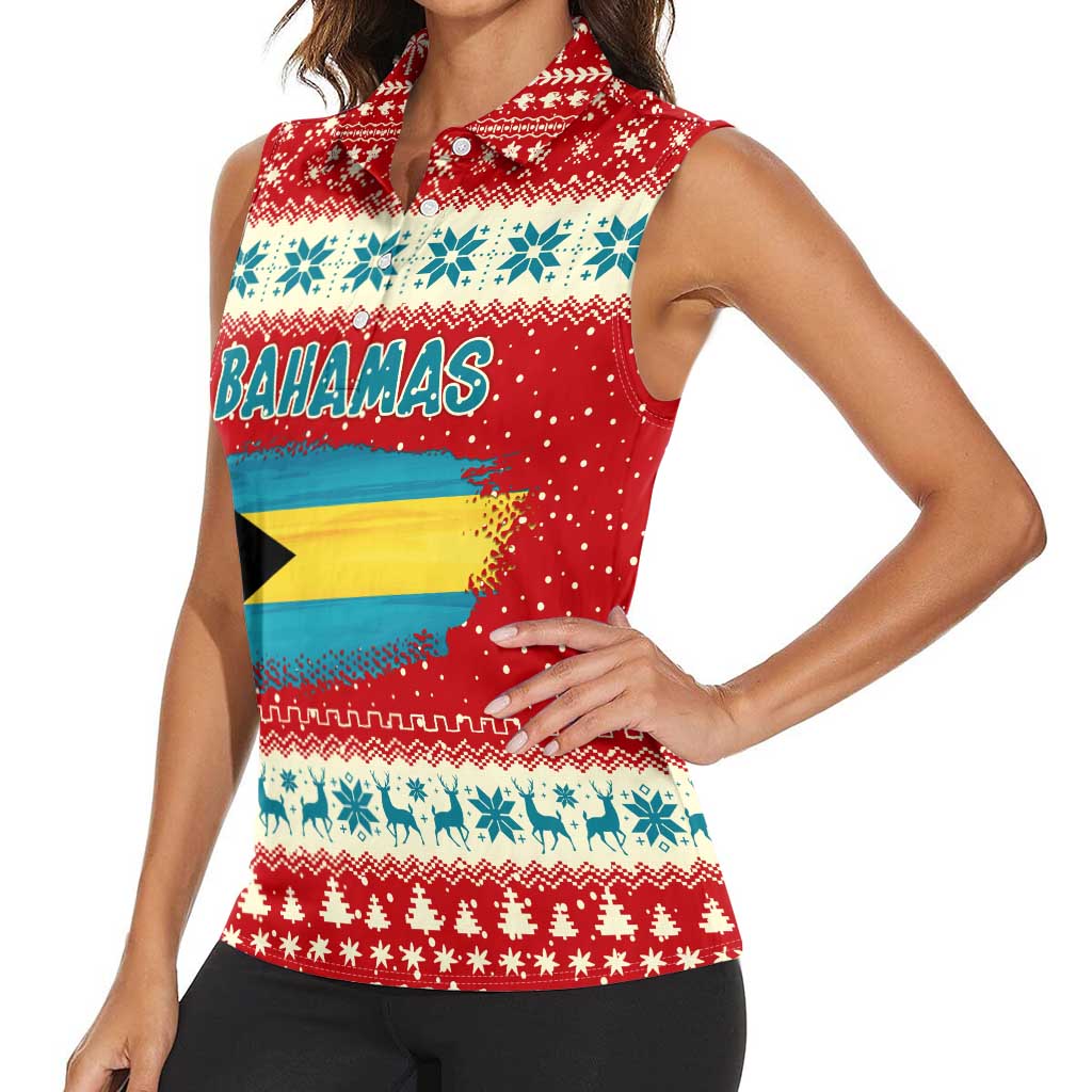 Bahamas Christmas Women Sleeveless Polo Shirt with Red Festive Pattern Sailing Santa and National Flag Motif - Wonder Print Shop