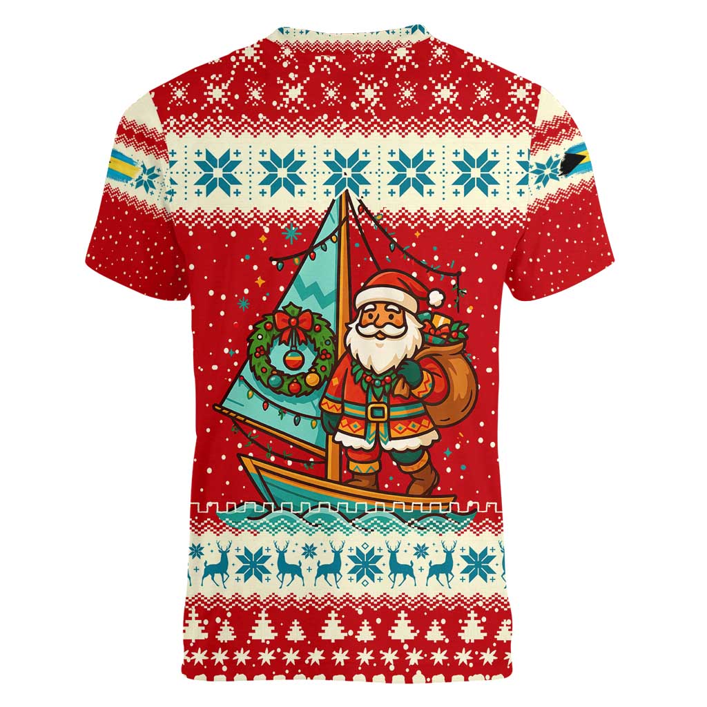 Bahamas Christmas Women V-Neck T-Shirt with Red Festive Pattern Sailing Santa and National Flag Motif - Wonder Print Shop
