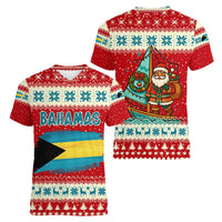 Bahamas Christmas Women V-Neck T-Shirt with Red Festive Pattern Sailing Santa and National Flag Motif - Wonder Print Shop