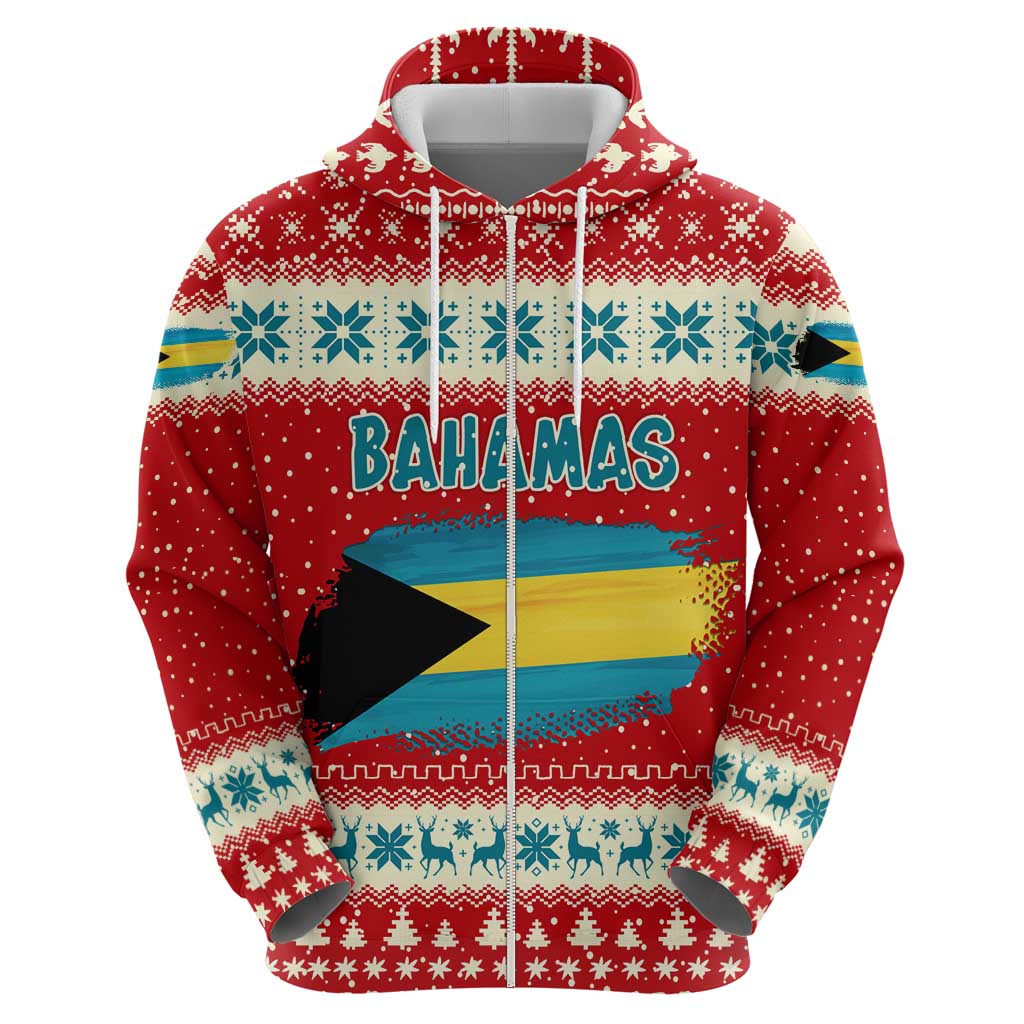 Bahamas Christmas Zip Hoodie with Red Festive Pattern Sailing Santa and National Flag Motif - Wonder Print Shop