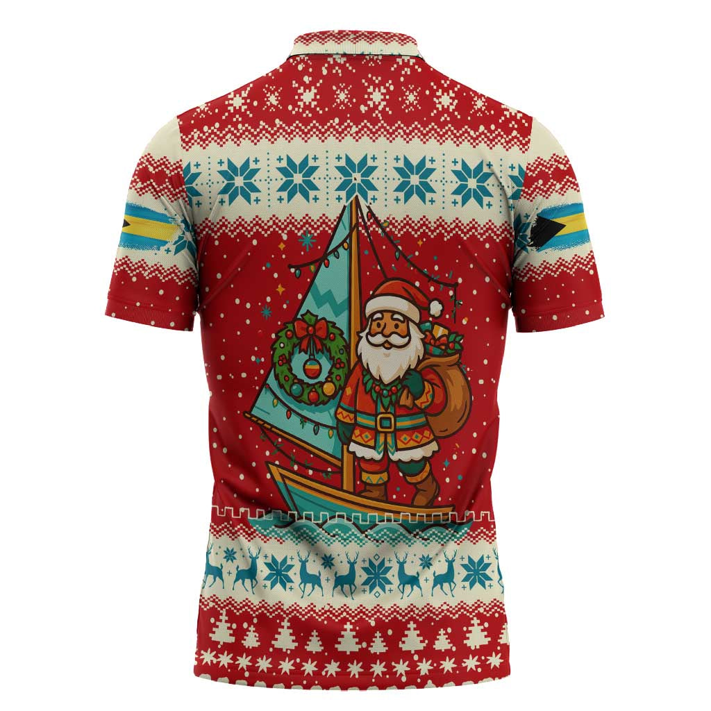 Bahamas Christmas Zipper Polo Shirt with Red Festive Pattern Sailing Santa and National Flag Motif - Wonder Print Shop