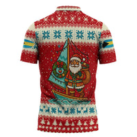 Bahamas Christmas Zipper Polo Shirt with Red Festive Pattern Sailing Santa and National Flag Motif - Wonder Print Shop