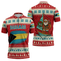 Bahamas Christmas Zipper Polo Shirt with Red Festive Pattern Sailing Santa and National Flag Motif - Wonder Print Shop