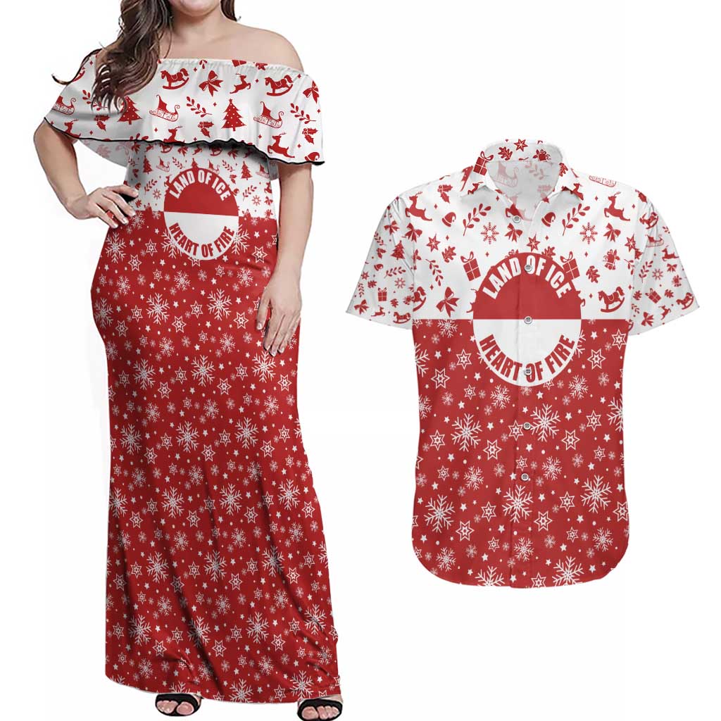 Greenland Christmas Couples Matching Off Shoulder Maxi Dress and Hawaiian Shirt Land of Ice Heart of Fire - Wonder Print Shop