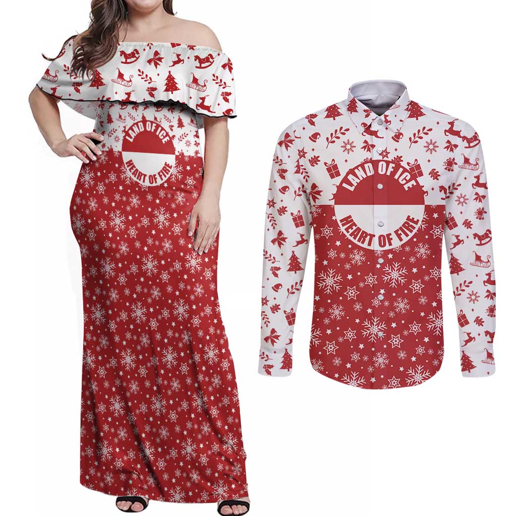 Greenland Christmas Couples Matching Off Shoulder Maxi Dress and Long Sleeve Button Shirt Land of Ice Heart of Fire - Wonder Print Shop