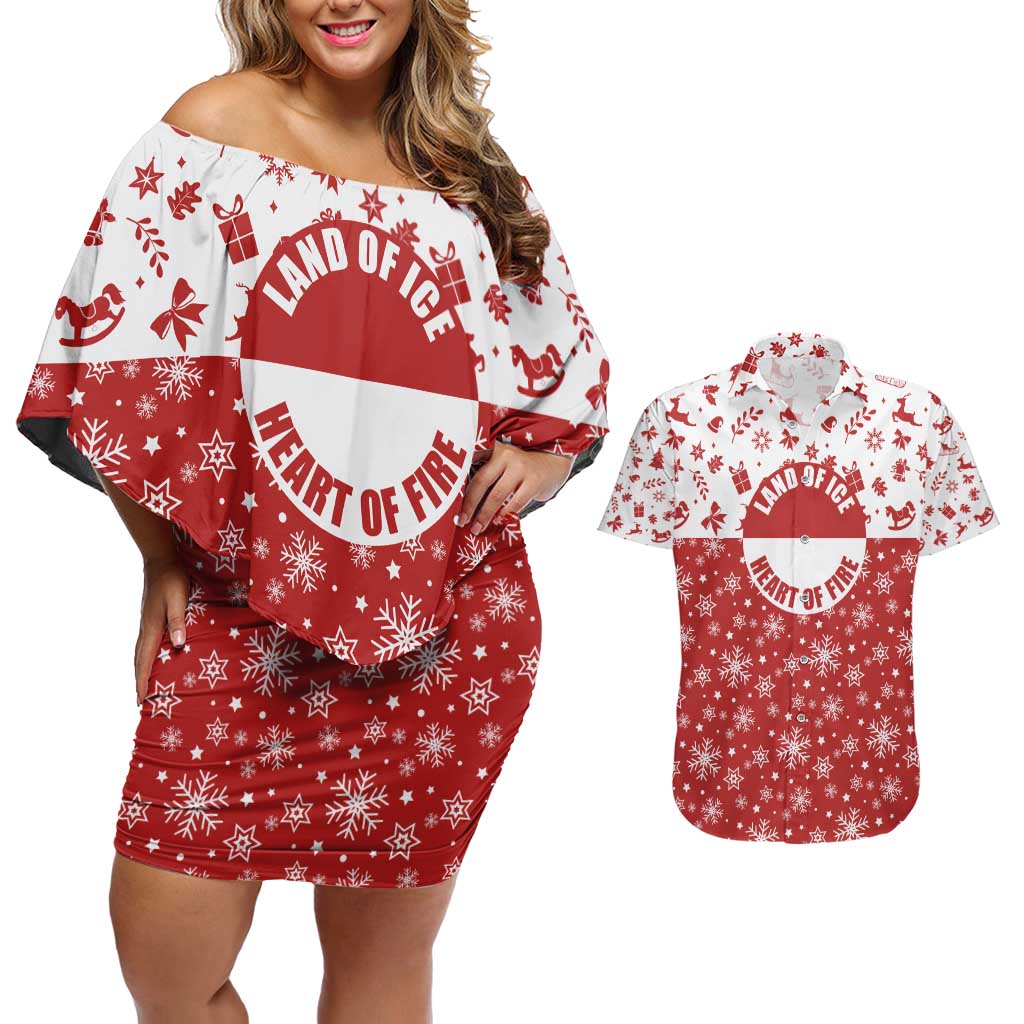 Greenland Christmas Couples Matching Off Shoulder Short Dress and Hawaiian Shirt Land of Ice Heart of Fire - Wonder Print Shop