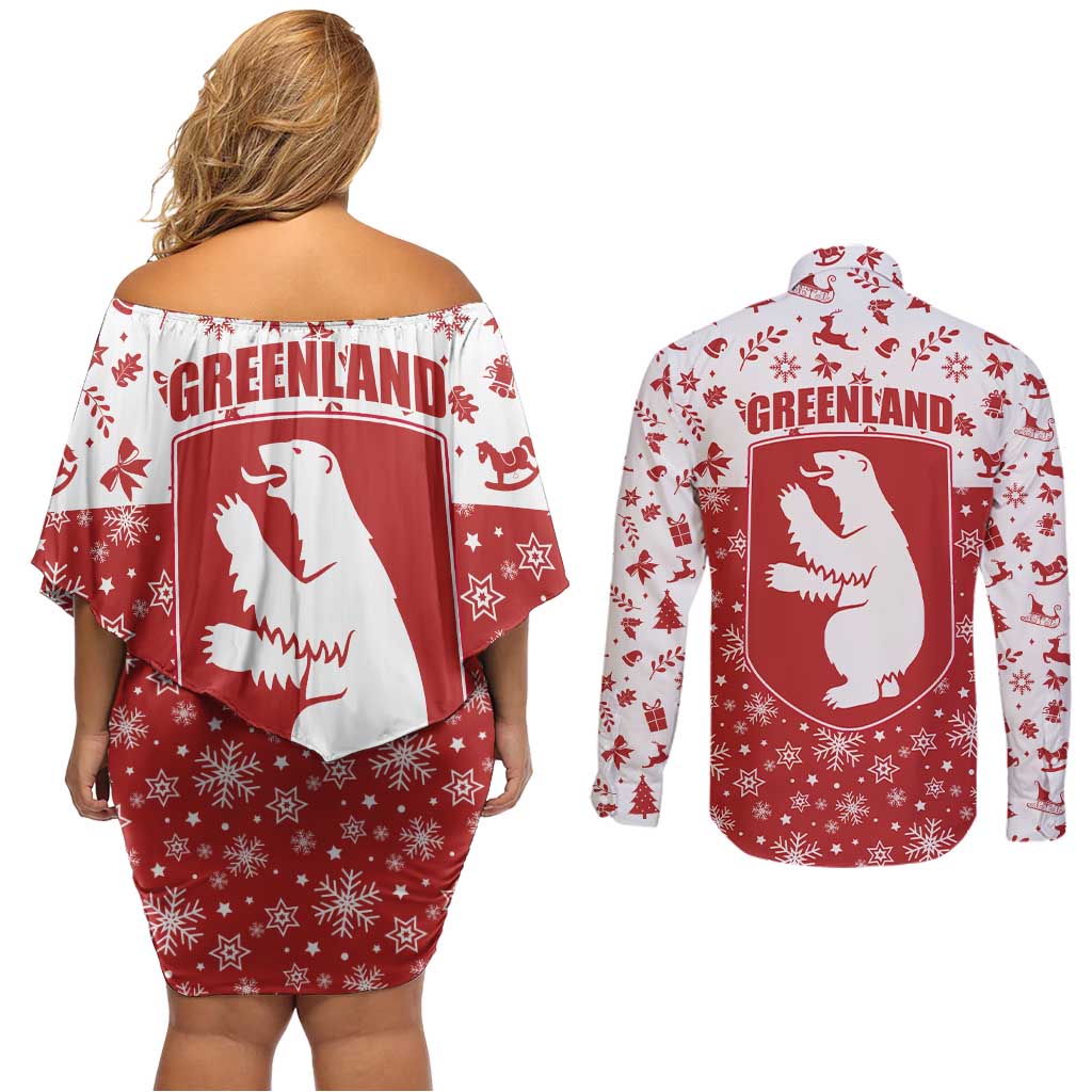 Greenland Christmas Couples Matching Off Shoulder Short Dress and Long Sleeve Button Shirt Land of Ice Heart of Fire - Wonder Print Shop