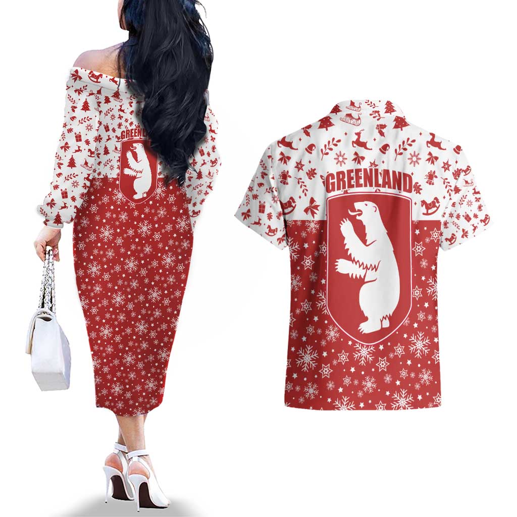 Greenland Christmas Couples Matching Off The Shoulder Long Sleeve Dress and Hawaiian Shirt Land of Ice Heart of Fire - Wonder Print Shop