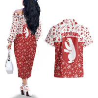 Greenland Christmas Couples Matching Off The Shoulder Long Sleeve Dress and Hawaiian Shirt Land of Ice Heart of Fire - Wonder Print Shop