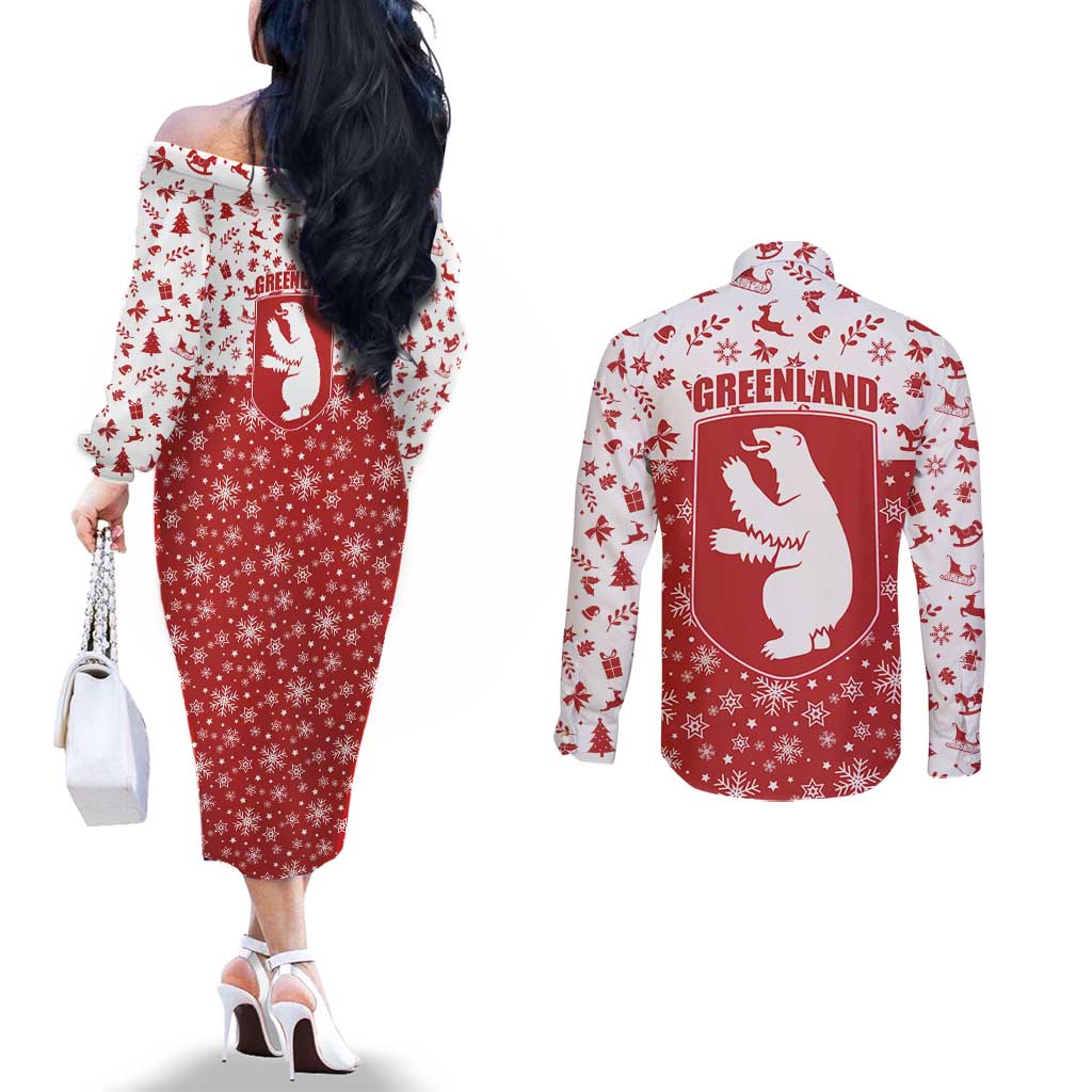 Greenland Christmas Couples Matching Off The Shoulder Long Sleeve Dress and Long Sleeve Button Shirt Land of Ice Heart of Fire - Wonder Print Shop