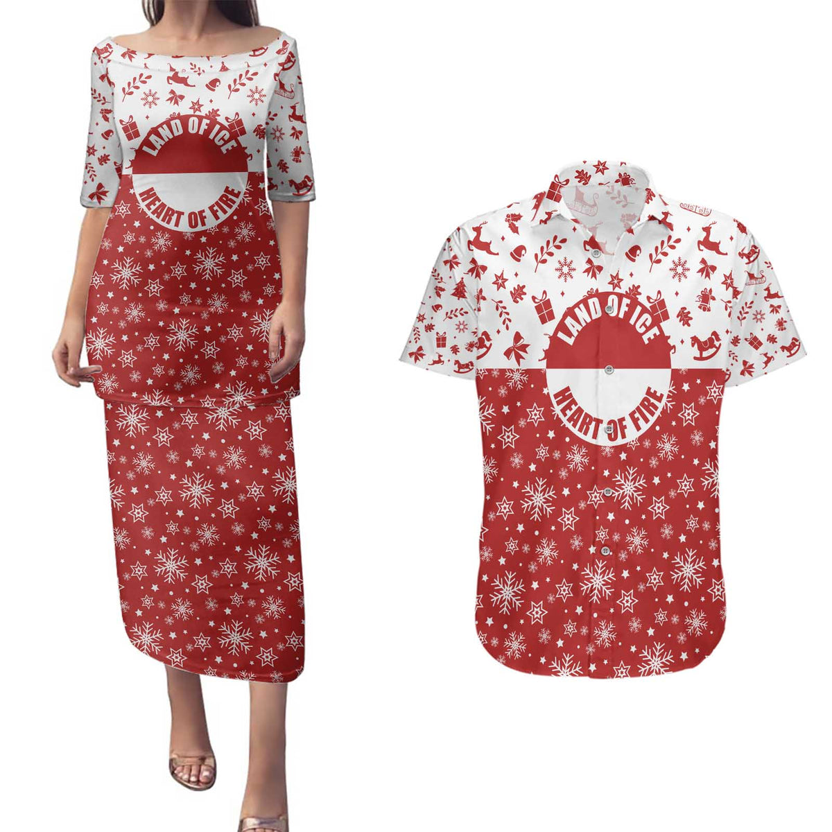 Greenland Christmas Couples Matching Puletasi and Hawaiian Shirt Land of Ice Heart of Fire - Wonder Print Shop