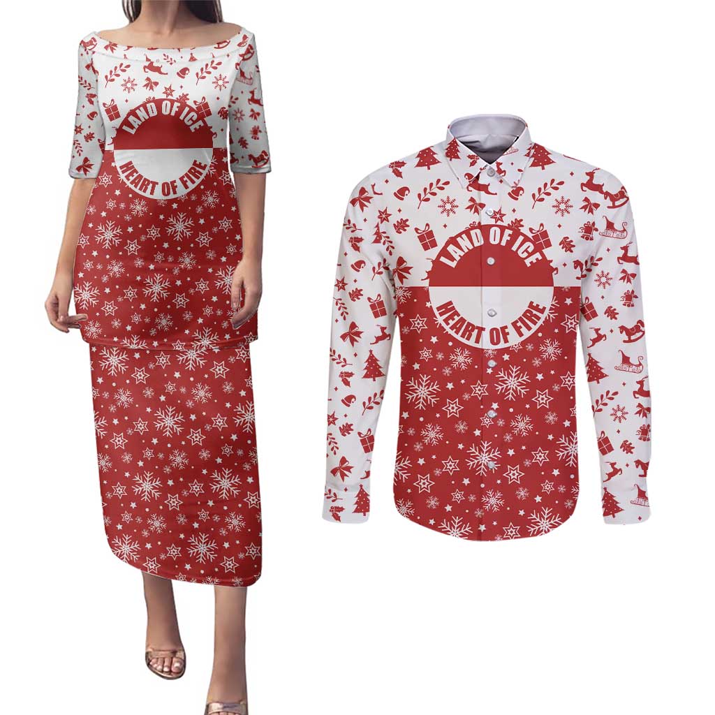 Greenland Christmas Couples Matching Puletasi and Long Sleeve Button Shirt Land of Ice Heart of Fire - Wonder Print Shop