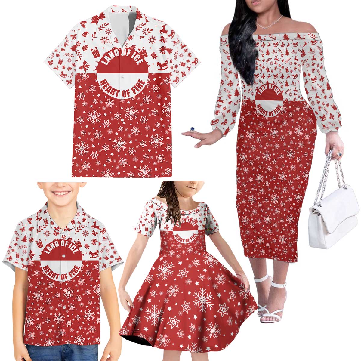 Greenland Christmas Family Matching Off The Shoulder Long Sleeve Dress and Hawaiian Shirt Land of Ice Heart of Fire - Wonder Print Shop