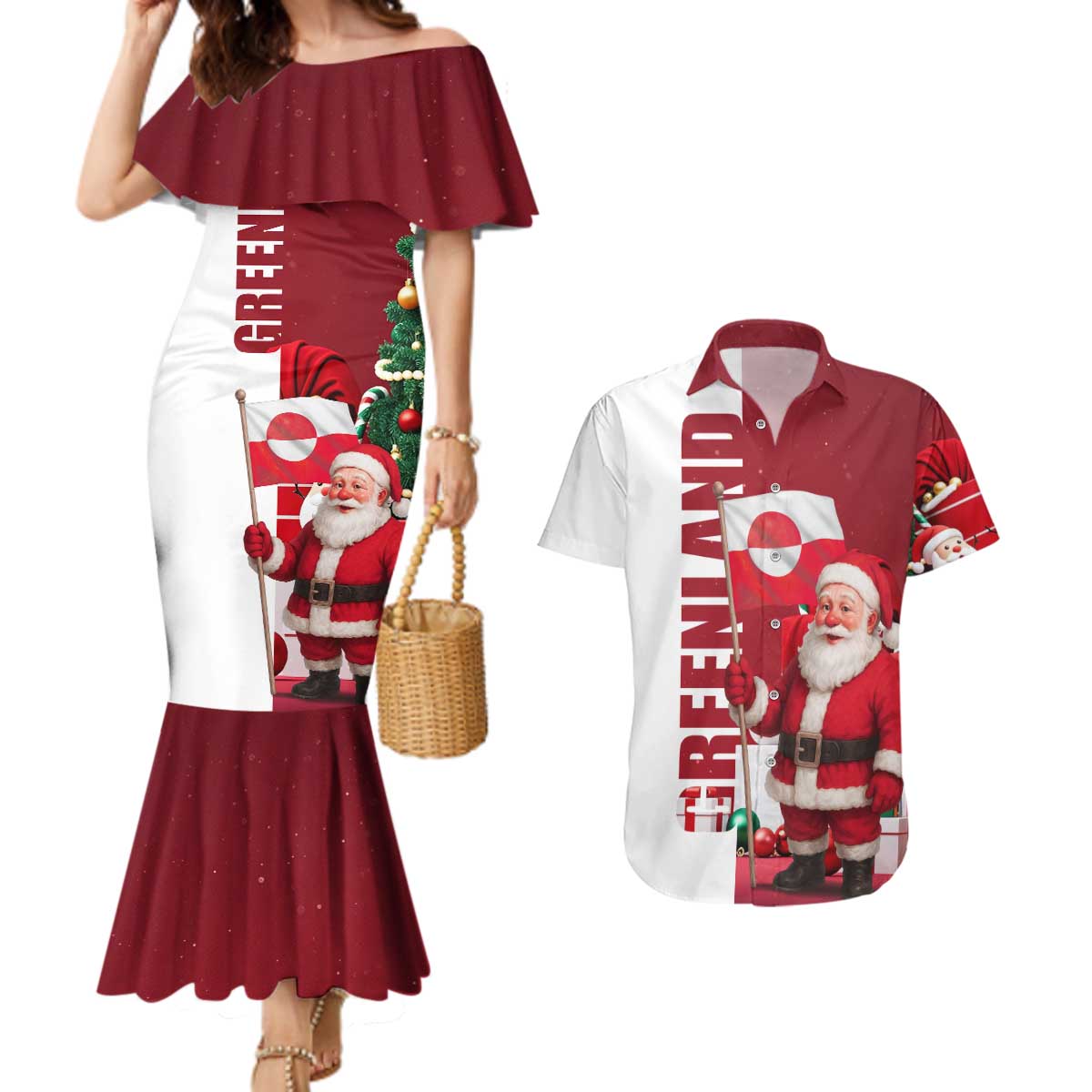 Greenland Santa Christmas Couples Matching Mermaid Dress and Hawaiian Shirt Nordic Holiday Pride Design - Wonder Print Shop