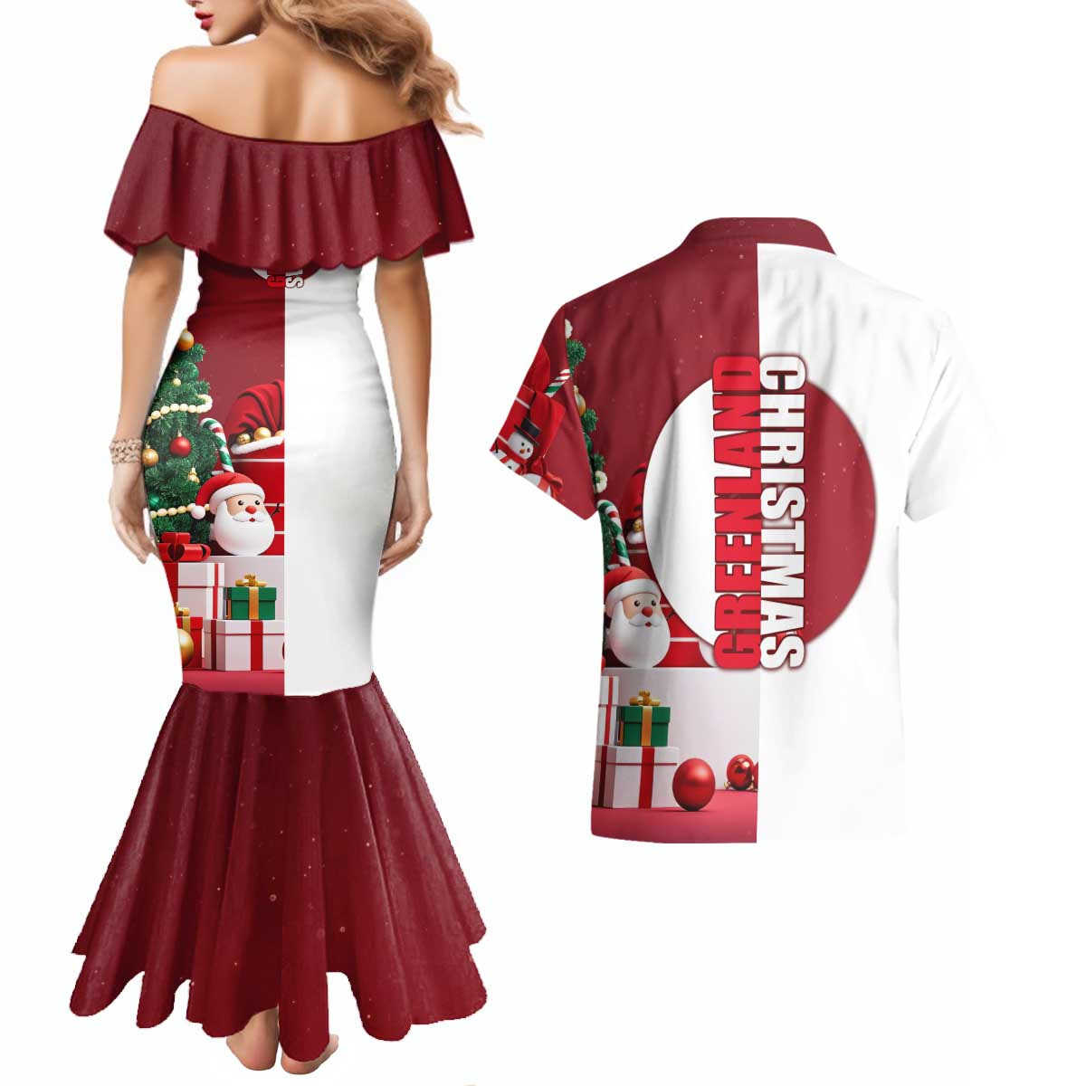 Greenland Santa Christmas Couples Matching Mermaid Dress and Hawaiian Shirt Nordic Holiday Pride Design - Wonder Print Shop