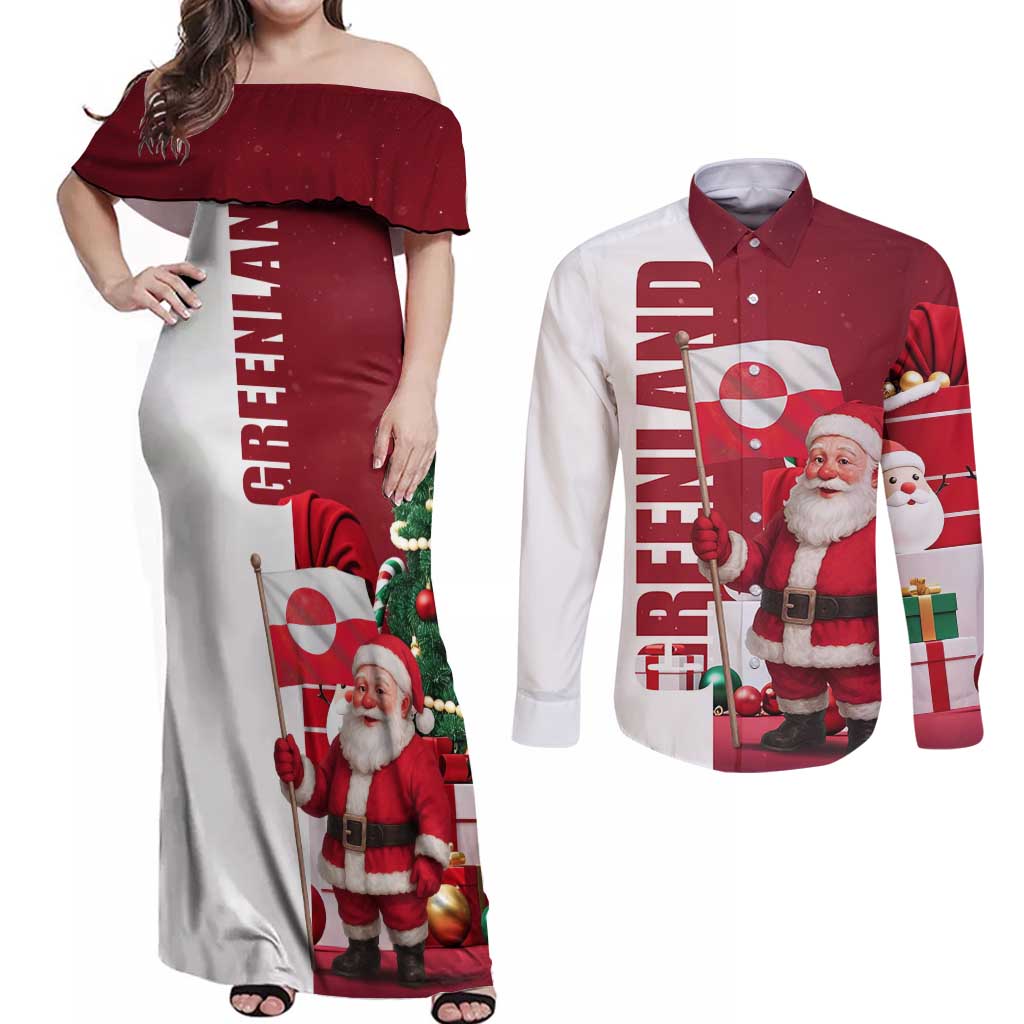 Greenland Santa Christmas Couples Matching Off Shoulder Maxi Dress and Long Sleeve Button Shirt Nordic Holiday Pride Design - Wonder Print Shop