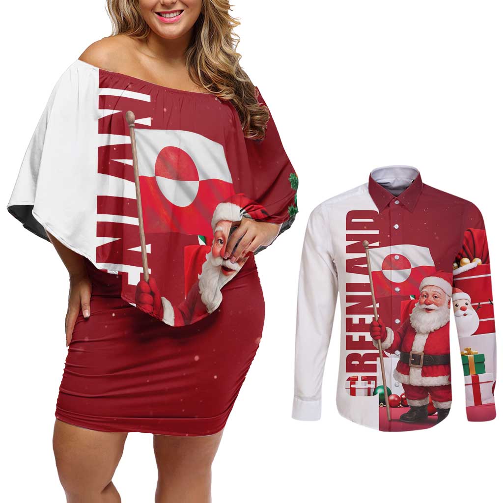 Greenland Santa Christmas Couples Matching Off Shoulder Short Dress and Long Sleeve Button Shirt Nordic Holiday Pride Design - Wonder Print Shop