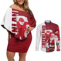 Greenland Santa Christmas Couples Matching Off Shoulder Short Dress and Long Sleeve Button Shirt Nordic Holiday Pride Design - Wonder Print Shop