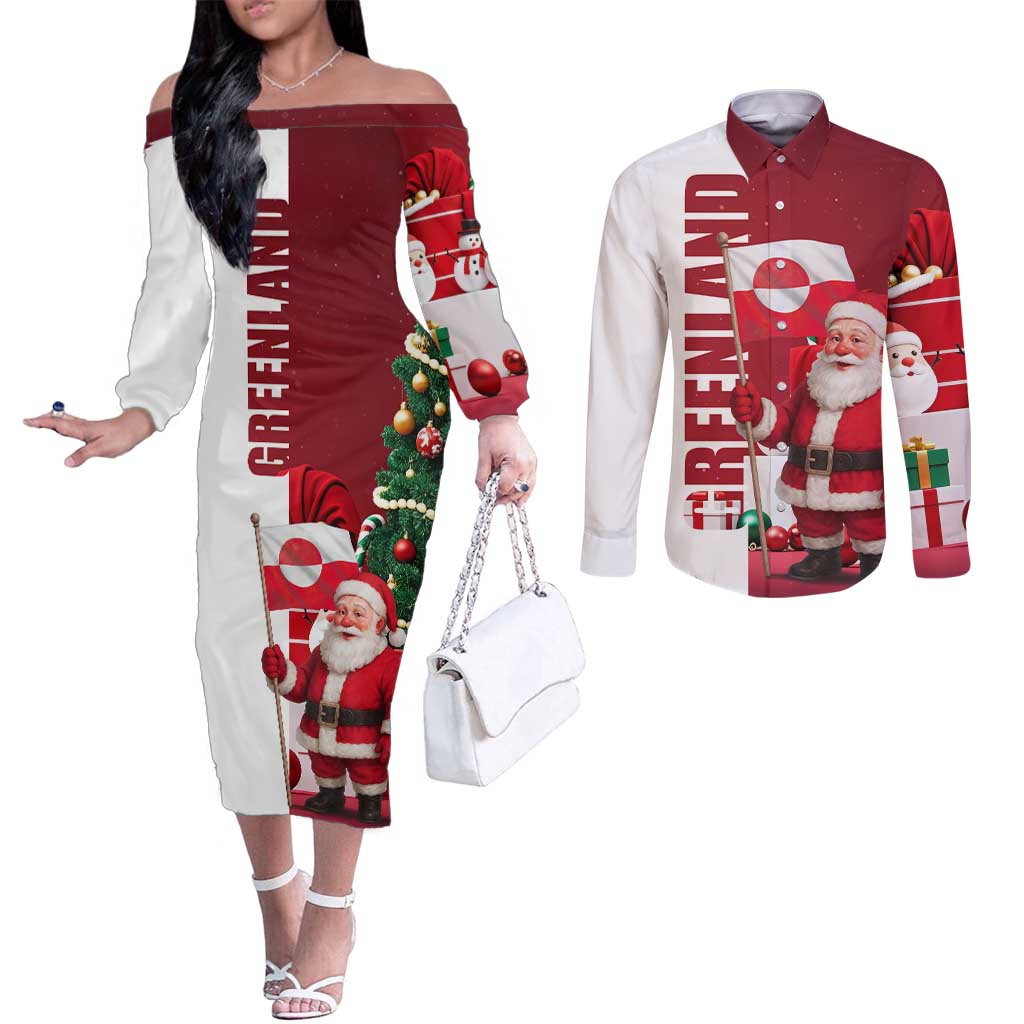 Greenland Santa Christmas Couples Matching Off The Shoulder Long Sleeve Dress and Long Sleeve Button Shirt Nordic Holiday Pride Design - Wonder Print Shop