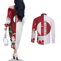 Greenland Santa Christmas Couples Matching Off The Shoulder Long Sleeve Dress and Long Sleeve Button Shirt Nordic Holiday Pride Design - Wonder Print Shop
