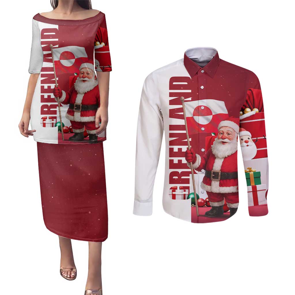 Greenland Santa Christmas Couples Matching Puletasi and Long Sleeve Button Shirt Nordic Holiday Pride Design - Wonder Print Shop