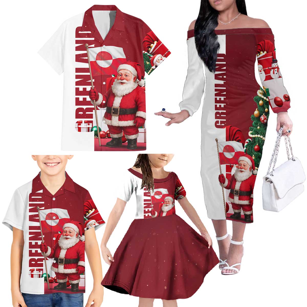 Greenland Santa Christmas Family Matching Off The Shoulder Long Sleeve Dress and Hawaiian Shirt Nordic Holiday Pride Design - Wonder Print Shop