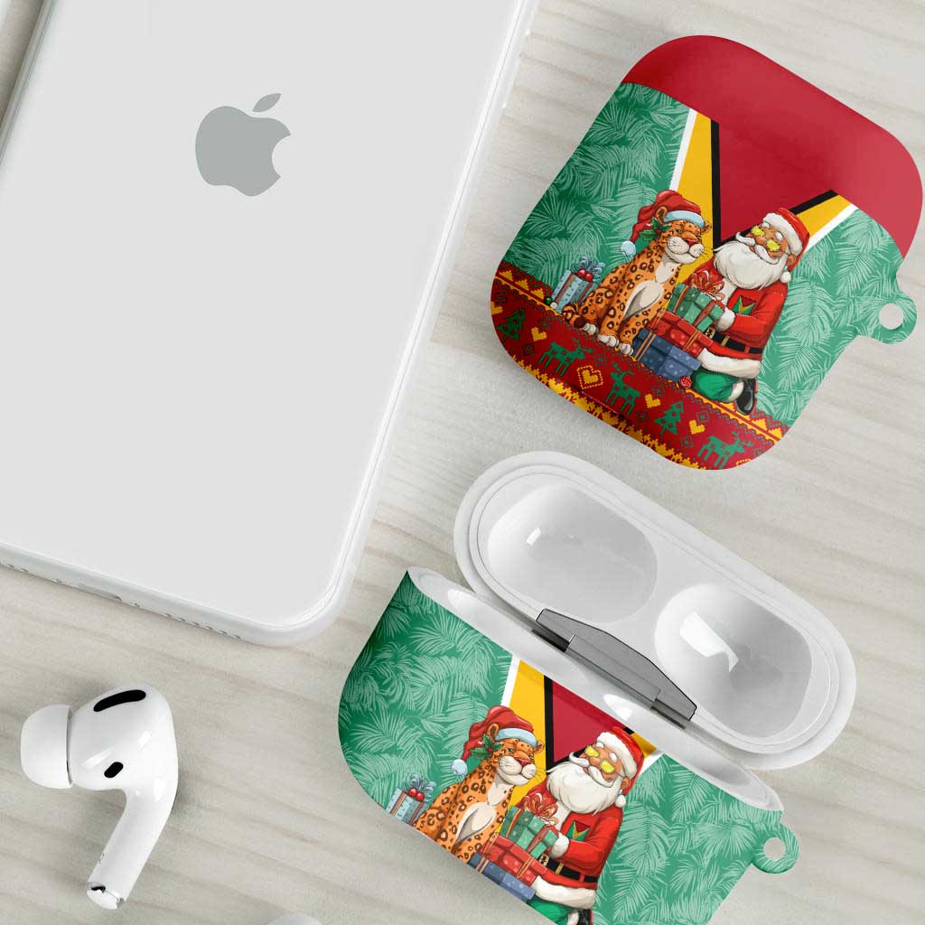 Guyana Christmas Santa Leopard AirPods Case with Green Red Yellow Gift and Map - Wonder Print Shop