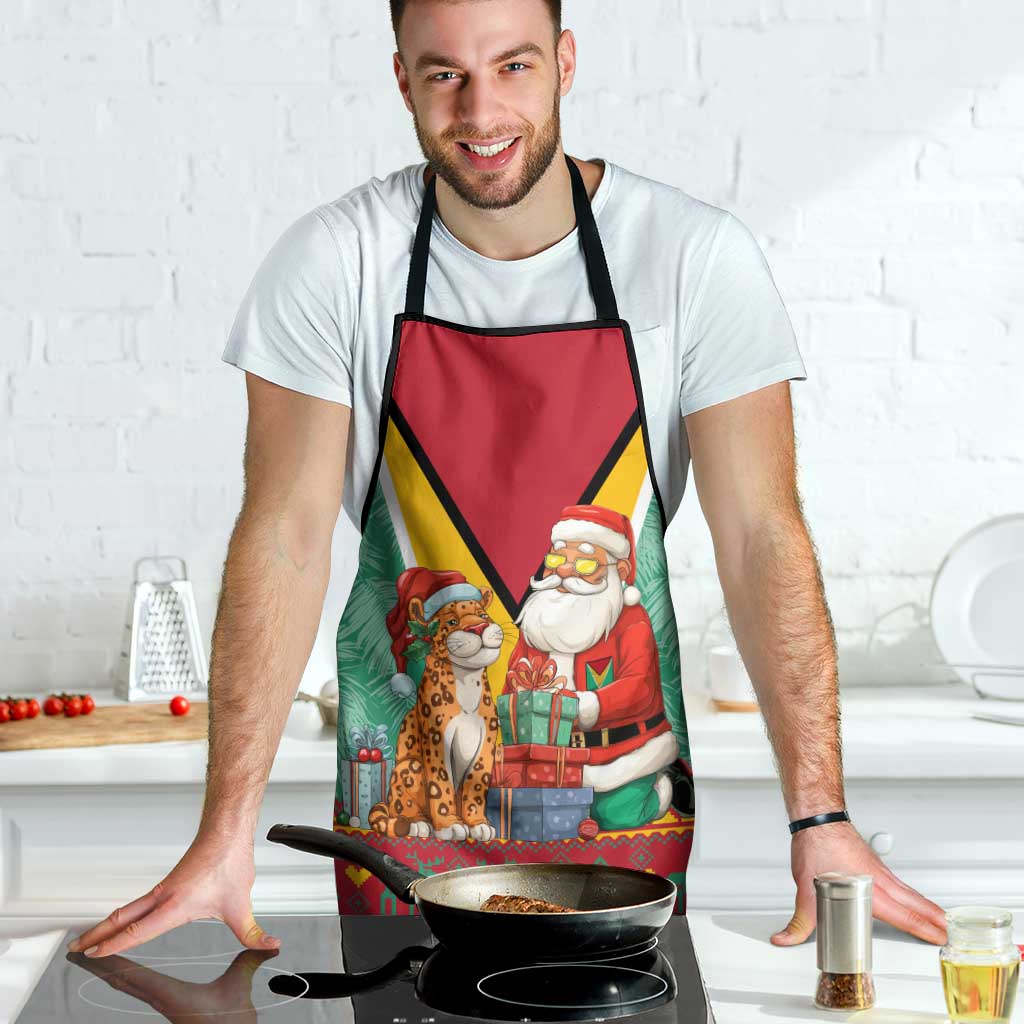 Guyana Christmas Santa Leopard Apron with Green Red Yellow Gift and Map - Wonder Print Shop