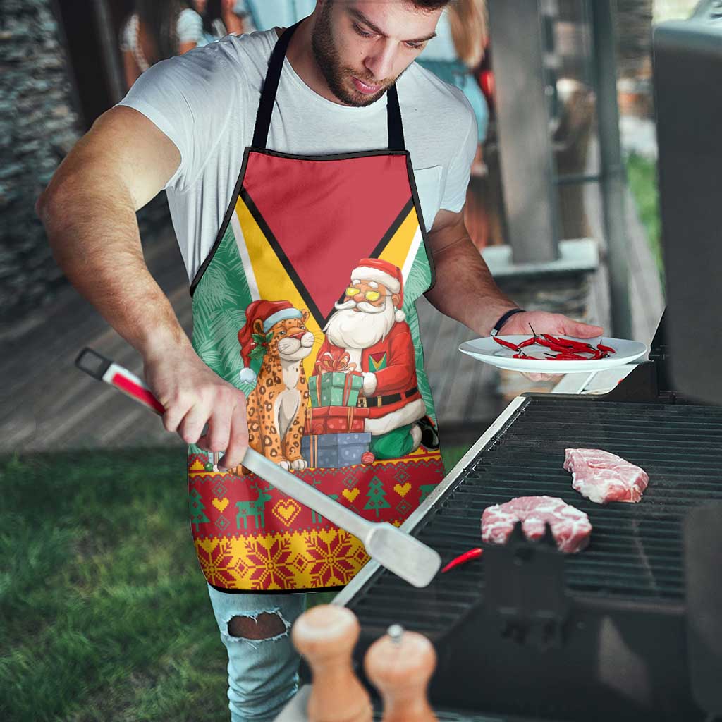 Guyana Christmas Santa Leopard Apron with Green Red Yellow Gift and Map - Wonder Print Shop