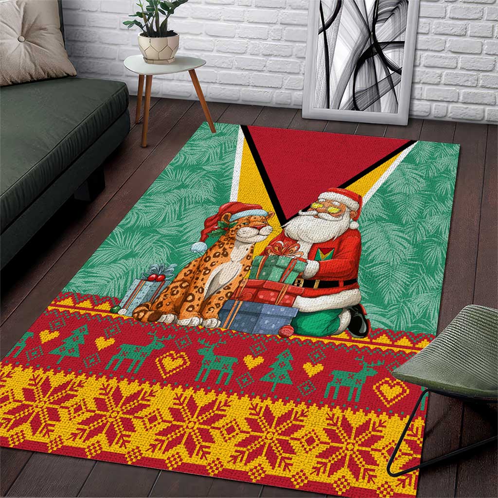 Guyana Christmas Santa Leopard Area Rug with Green Red Yellow Gift and Map - Wonder Print Shop
