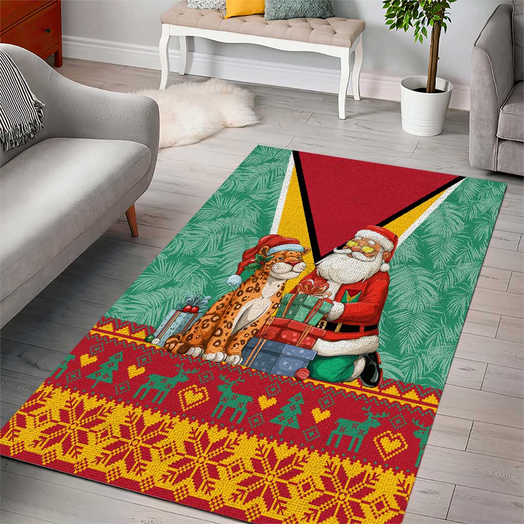 Guyana Christmas Santa Leopard Area Rug with Green Red Yellow Gift and Map - Wonder Print Shop