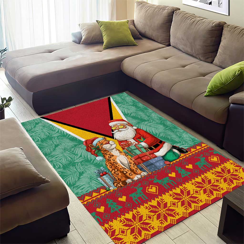 Guyana Christmas Santa Leopard Area Rug with Green Red Yellow Gift and Map - Wonder Print Shop