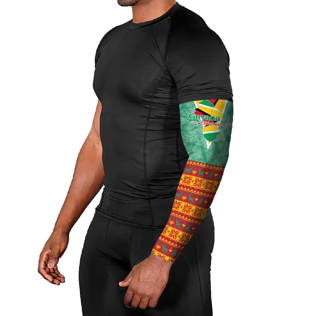 Guyana Christmas Santa Leopard Arm Sleeves with Green Red Yellow Gift and Map - Wonder Print Shop